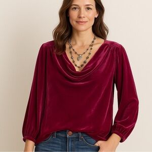 Sundance Berry Velvet Cowl Neck Silk Blend Boho Romantic Holiday Chic Blouse